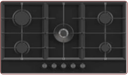 T-TECH BL SERIES 90CM BUILT-IN GAS HOB, 5 GAS EURO TYPE POOL BURNERS, S. STEEL COVER FRONTAL KNOBS MODEL BL045