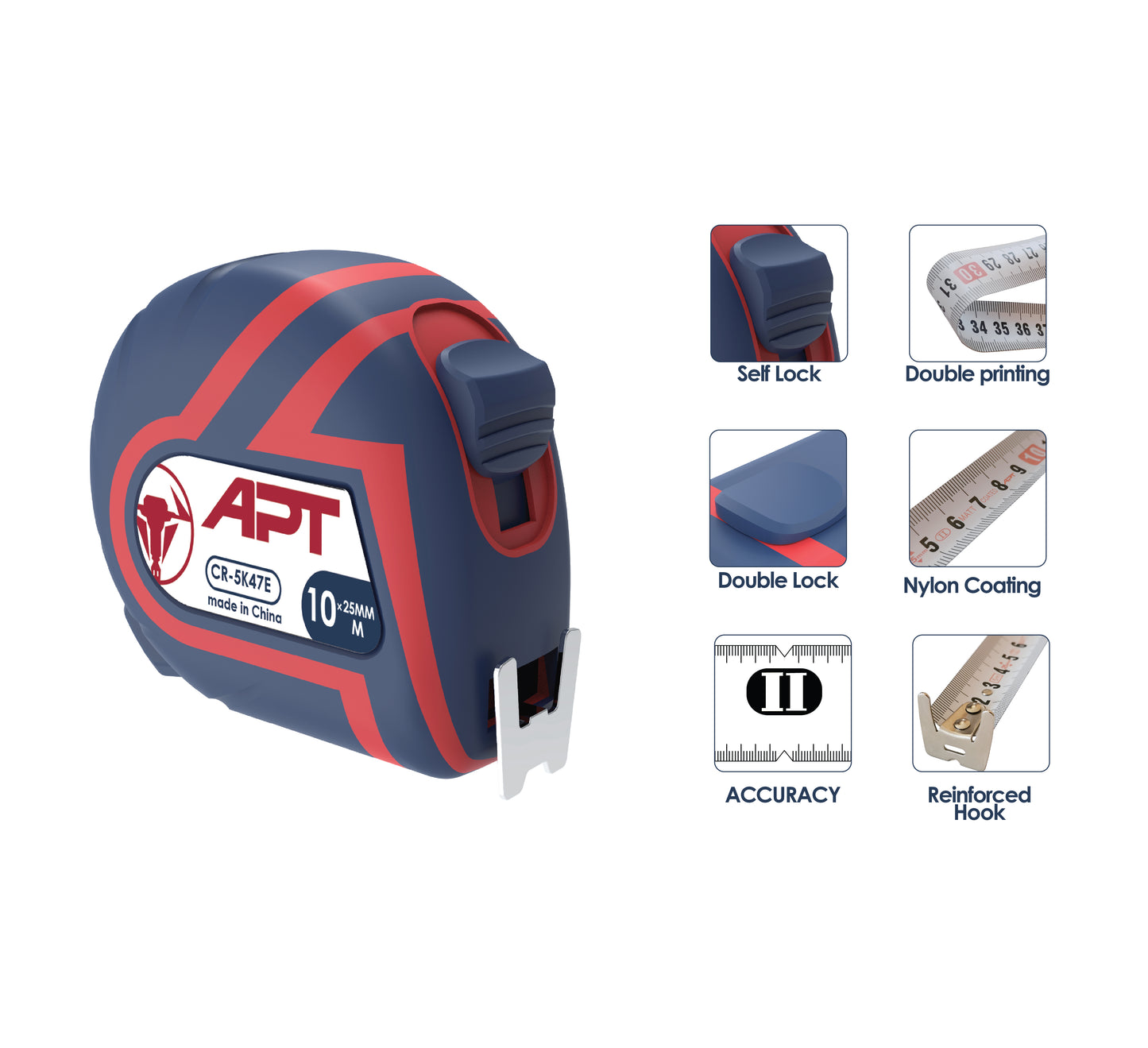 APT MEASURING TAPE RUBBER CASE ROUND SHAPE WHITE BLADE DOUBLE SIDE PRINTING 10MX25MM-CR-10K47X CR-10K47X