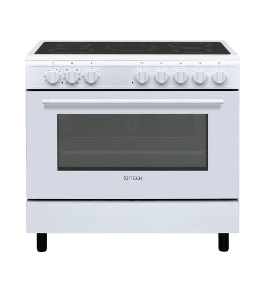 T-TECH FREE STANDING 90X60 ELECTRIC COOKER WITH CERAMIC HOB STANDARD WHITE COLOR, MODEL