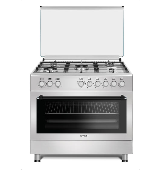 T-TECH STYLISH SERIES 90X60 FULL GAS FREE STANDING COOKER, TOP 5 GAS EURO POOL TYPE BURNERS, GAS OVEN & GAS GRILL, MECHANICAL TIMER, STAINLESS STEEL - F9S50GF LRMI
