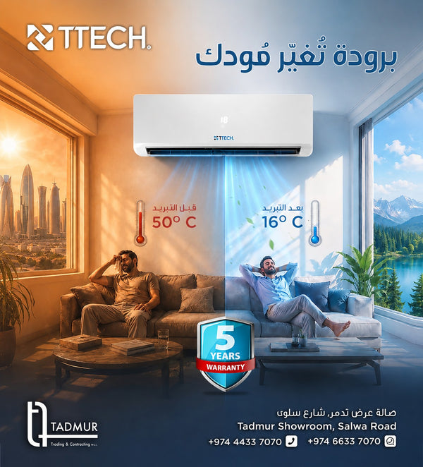 Whirlpool wall-mounted air conditioner installed in a modern living room, highlighting features like energy saving, powerful cooling, tropical compressor, and noiseless operation.