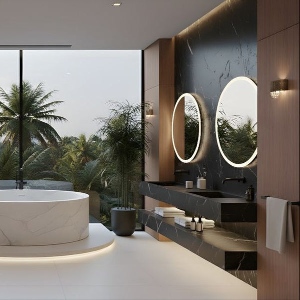 Modern black-tiled bathroom with a freestanding white bathtub, walk-in glass shower, and minimalistic design.