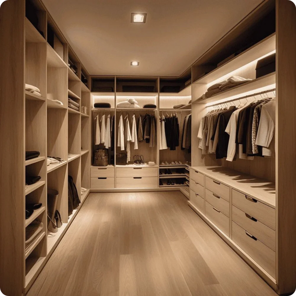 Modern walk-in closet with wooden flooring, open shelving, drawers, and warm ambient lighting showcasing neatly arranged clothes and accessories.