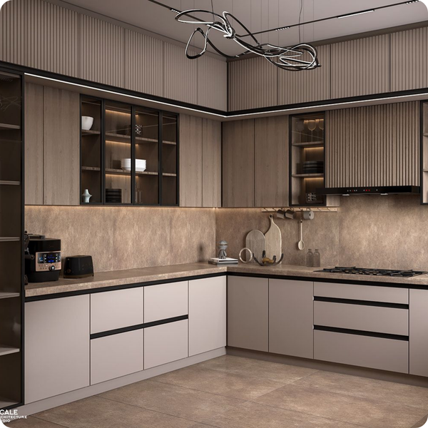 Modern L-shaped kitchen with beige cabinets, open shelving, integrated appliances, and a minimalist ceiling light fixture.