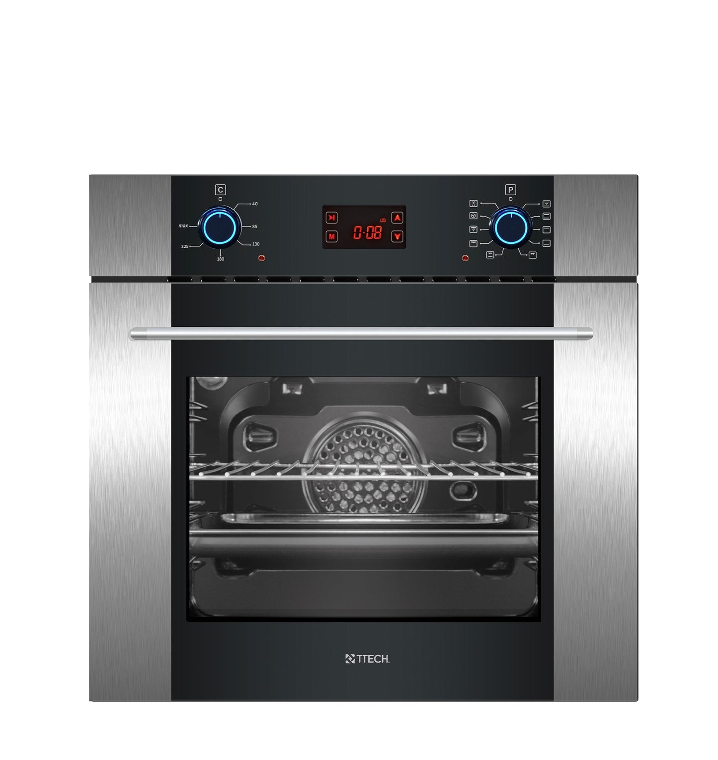T-TECH 60CM ELECTRICAL BUILT-IN OVEN, 64 LTRS. INTERNAL VOLUME, UP & DOWN HEATING ELEMENTS, GRILL RESISTANCE, 2 OVEN TRAYS, DIGITAL TOUCH PROGRAMMER, BLACK GLASS CONTROL PANEL WITH LEFT & RIGHT BOLD INOX STRIPES - BE10 LDIL