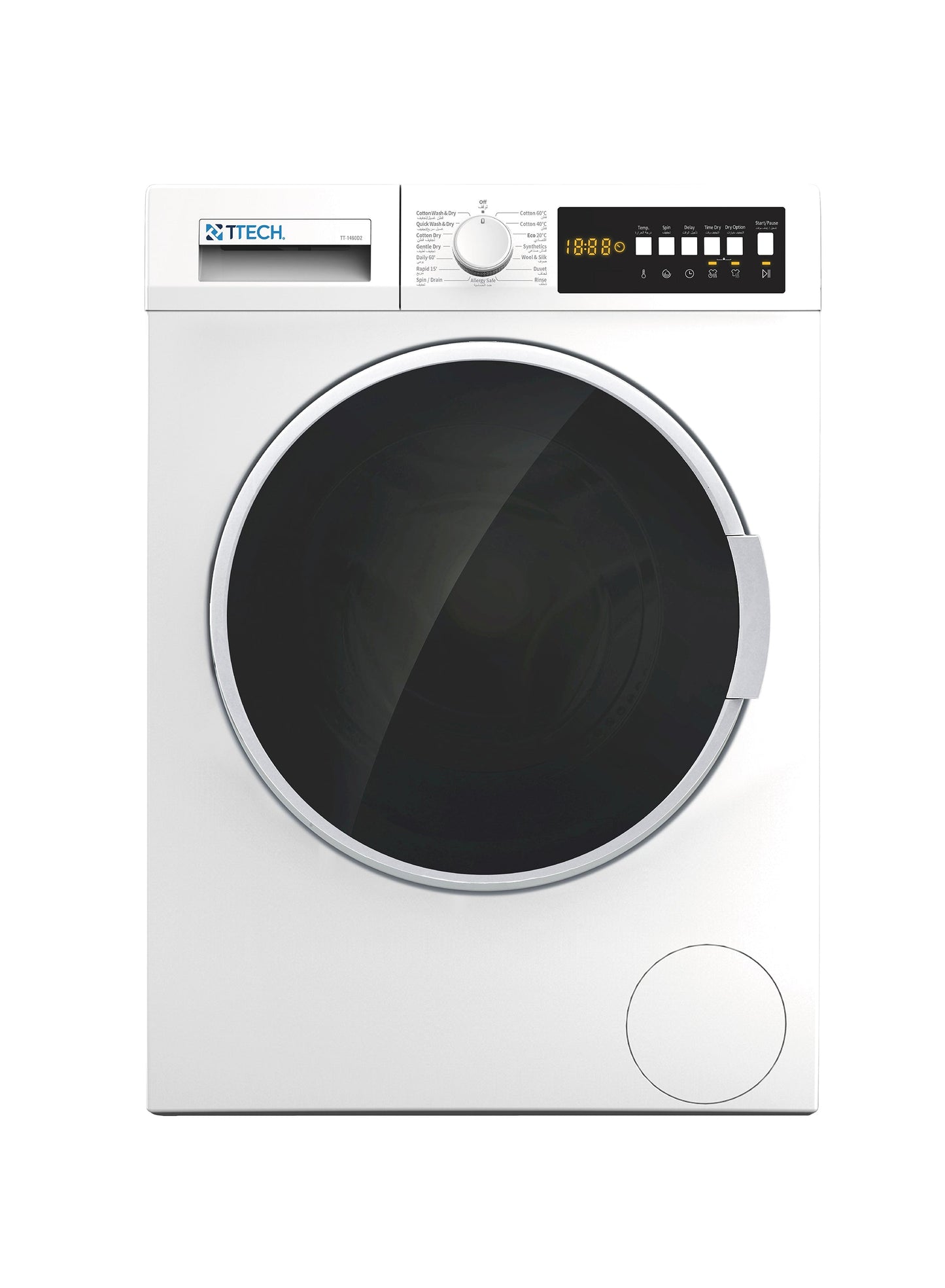 T-TECH WASHER/DRYER, 8/6 KG. MODEL TT-1460D2, 1400 RPM, LARGE 60 LTRS, D2, LIZ CONTROL PANEL, LED DISPLAY, STANDARD BODY, WHITE COLOR