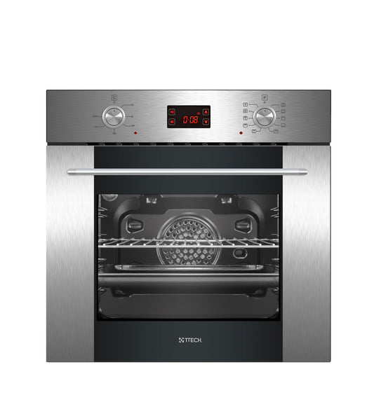 T-TECH 60CM ELECTRICAL BUILT-IN OVEN, 64 LTR. INTERNAL VOLUME, UP & DOWN HEATING ELEMENTS, GRILL RESISTANCE, 2 OVEN TRAYS, LEFT & RIGHT BOLD INOX STRIPES ON OVEN DOOR OUTER GLASS - BE10 LDID