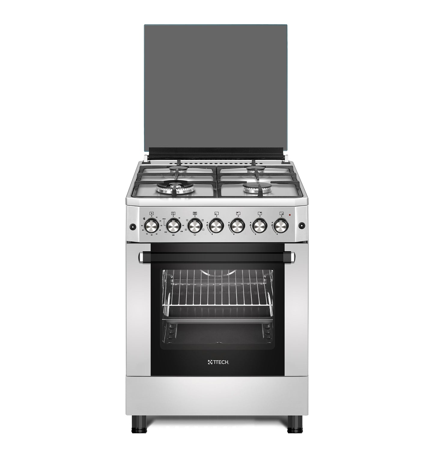 T-TECH IDEAL PLUS SERIES 60X60 FULL GAS FREE STANDING COOKER, 4 GAS EURO POOL TYPE BURNERS, GAS OVEN & GAS GRILL, MECHANICAL TIMER, STAINLESS STEEL - F6IP40GF HIX