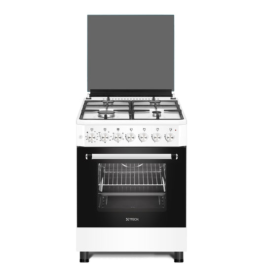 T-TECH IDEAL PLUS SERIES 60X60 MIX FREE STANDING COOKER, 4 GAS EURO POOL TYPE BURNERS, UP & DOWN ELECTRICAL OVEN, MECHANICAL TIMER, WHITE - F6IP40E5 WBX