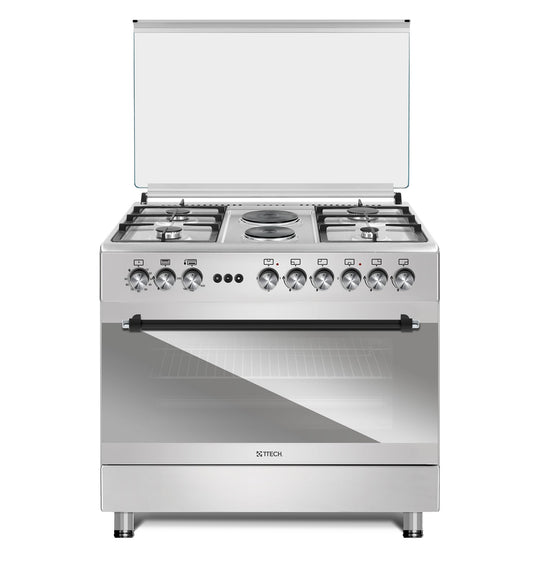 T-TECH STYLISH SERIES 90X60 MIX FREE STANDING COOKER, TOP 4 GAS EURO POOL TYPE BURNERS, 2 ELECTRICAL HOT PLATES, GAS OVEN & GAS GRILL, MECHANICAL TIMER, STAINLESS STEEL - F9S42GF-LRMI