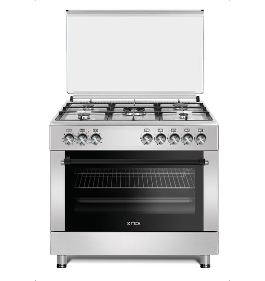 T-TECH STYLISH SERIES 90X60 MIX FREE STANDING COOKER, TOP 5 GAS EURO POOL TYPE BURNERS, MIDDLE BURNER AS DUAL WORK 5 KW, UP & DOWN ELECTRIC OVEN & ELECTRIC GRILL, MECHANICAL TIMER, STAINLESS STEEL - F9S50E10 LRDI