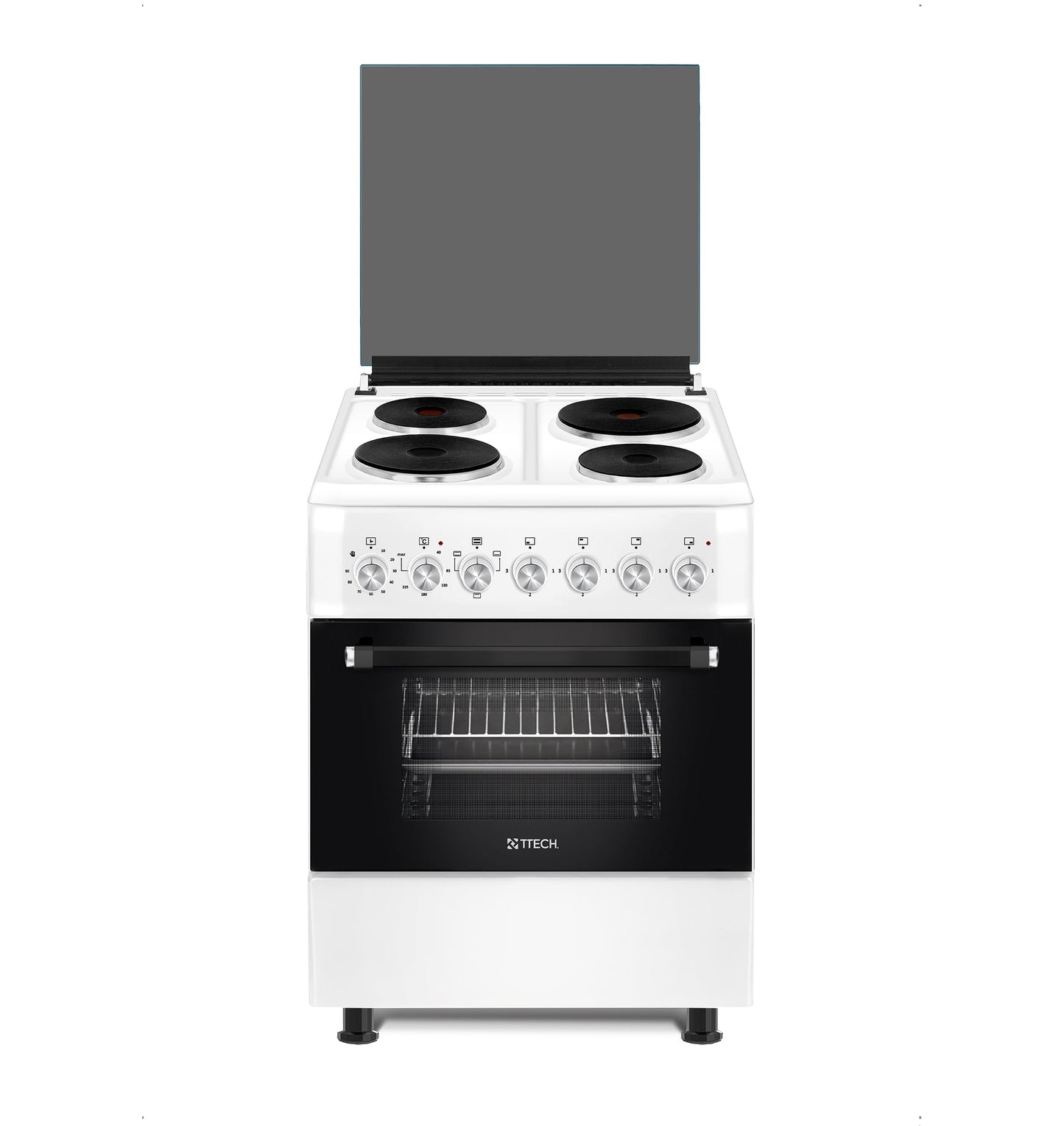 T-TECH TRENDY LUX SERIES 60X60 طباخ كهربائي كامل مجاني وفرن كهربائي للأسفل والأعلى ، مؤقت ميكانيكي ، أبيض - F6TX04E3 WB