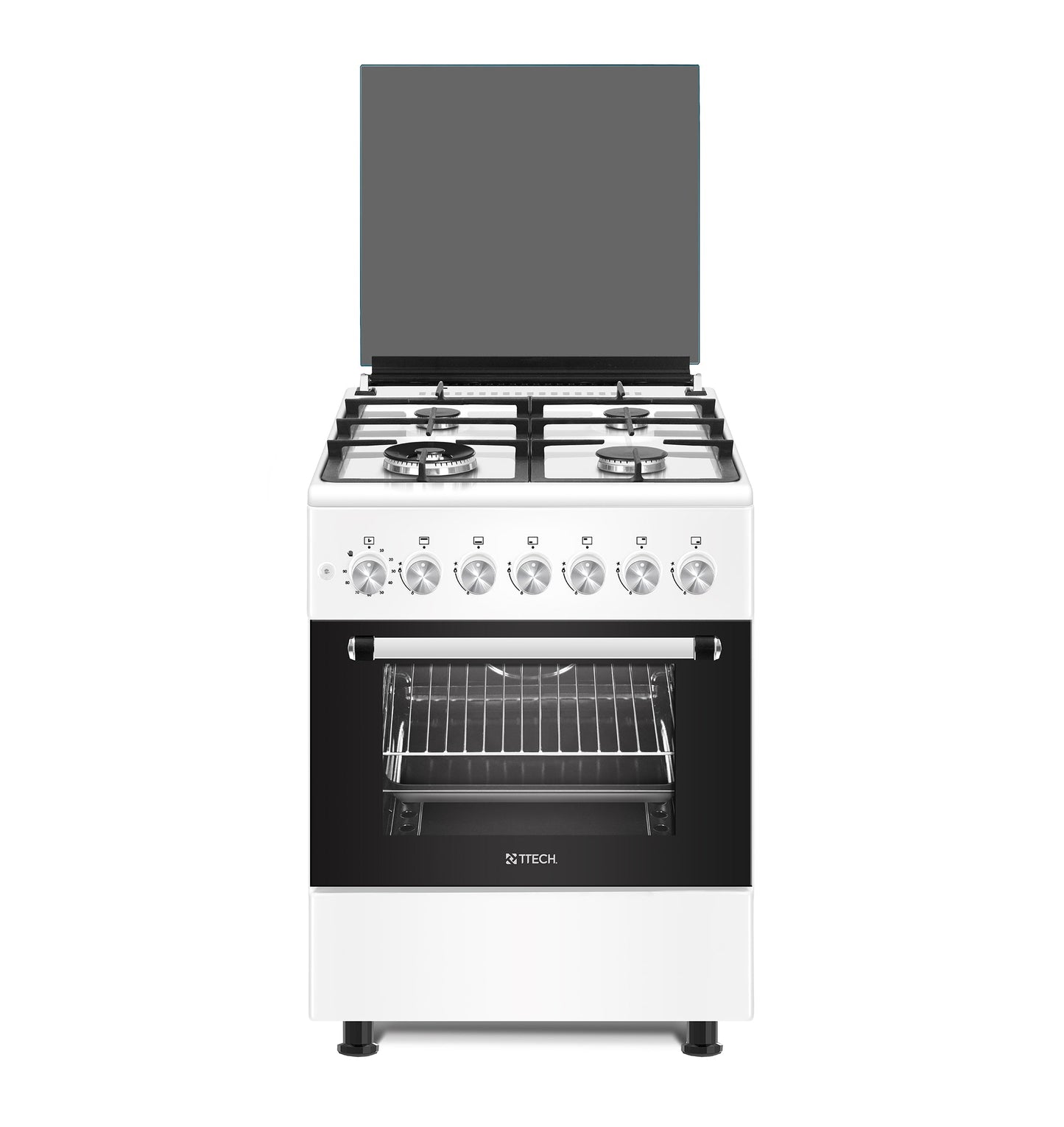 T-TECH TRENDY STYLE SERIES 60X60 FULL GAS FREE STANDING COOKER, 4 GAS EURO POOL TYPE BURNERS, GAS OVEN & GAS GRILL, MECHANICAL TIMER, WHITE - F6TS40G2 WB